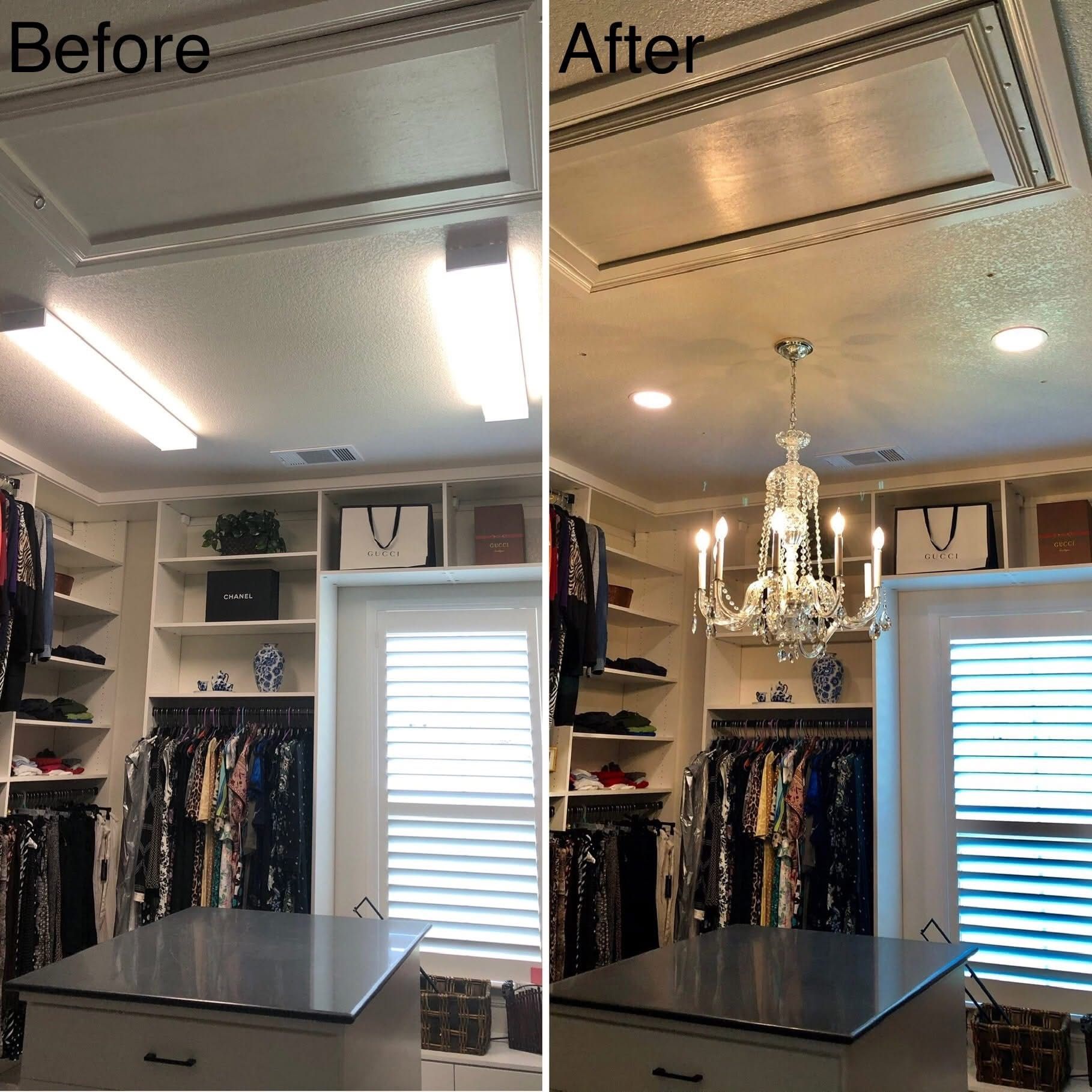 Closet transformation: Before shows fluorescent lights; after, a chandelier and recessed lighting, white shelves, and a center island.