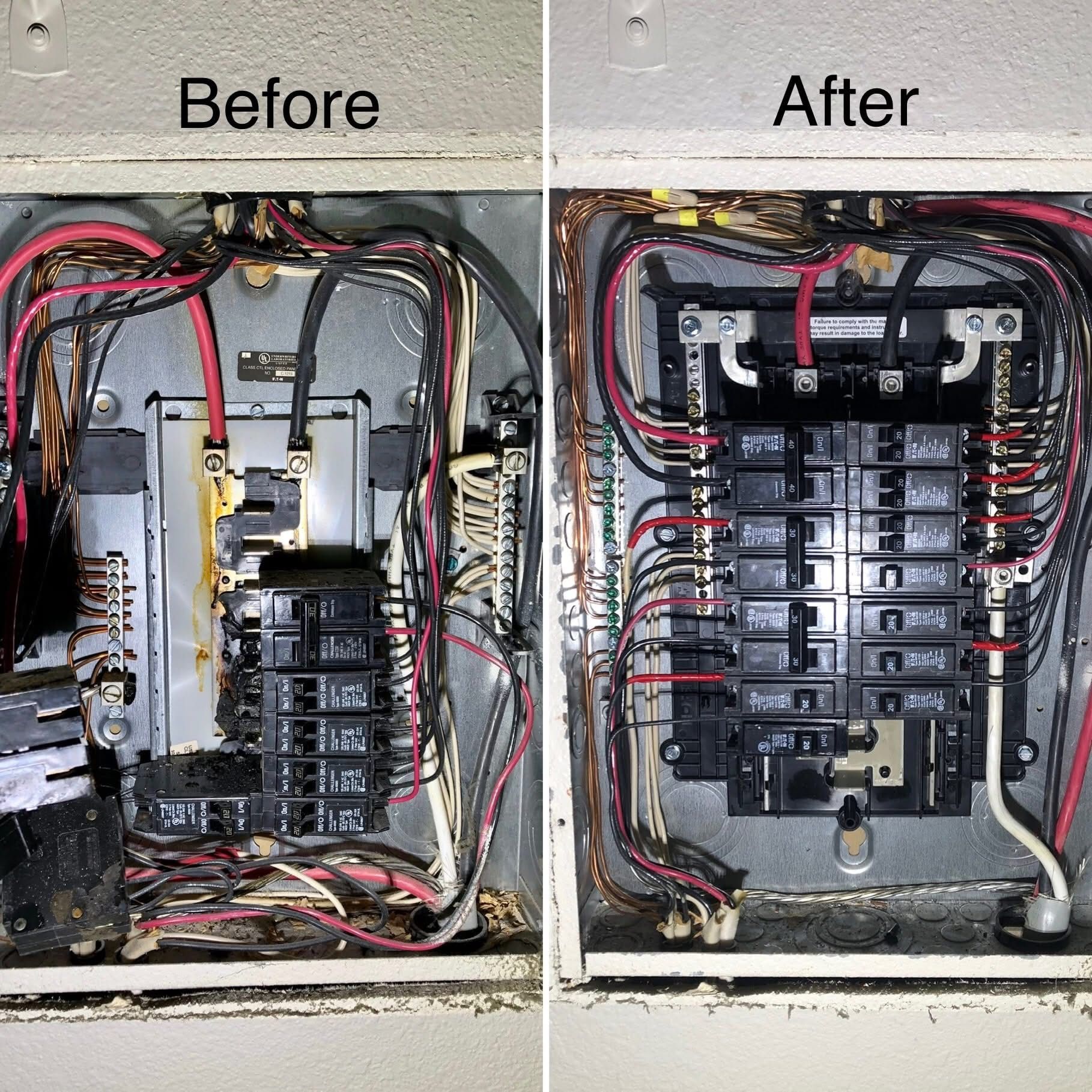 Electrical panel before and after cleaning and repair with wires and breakers.