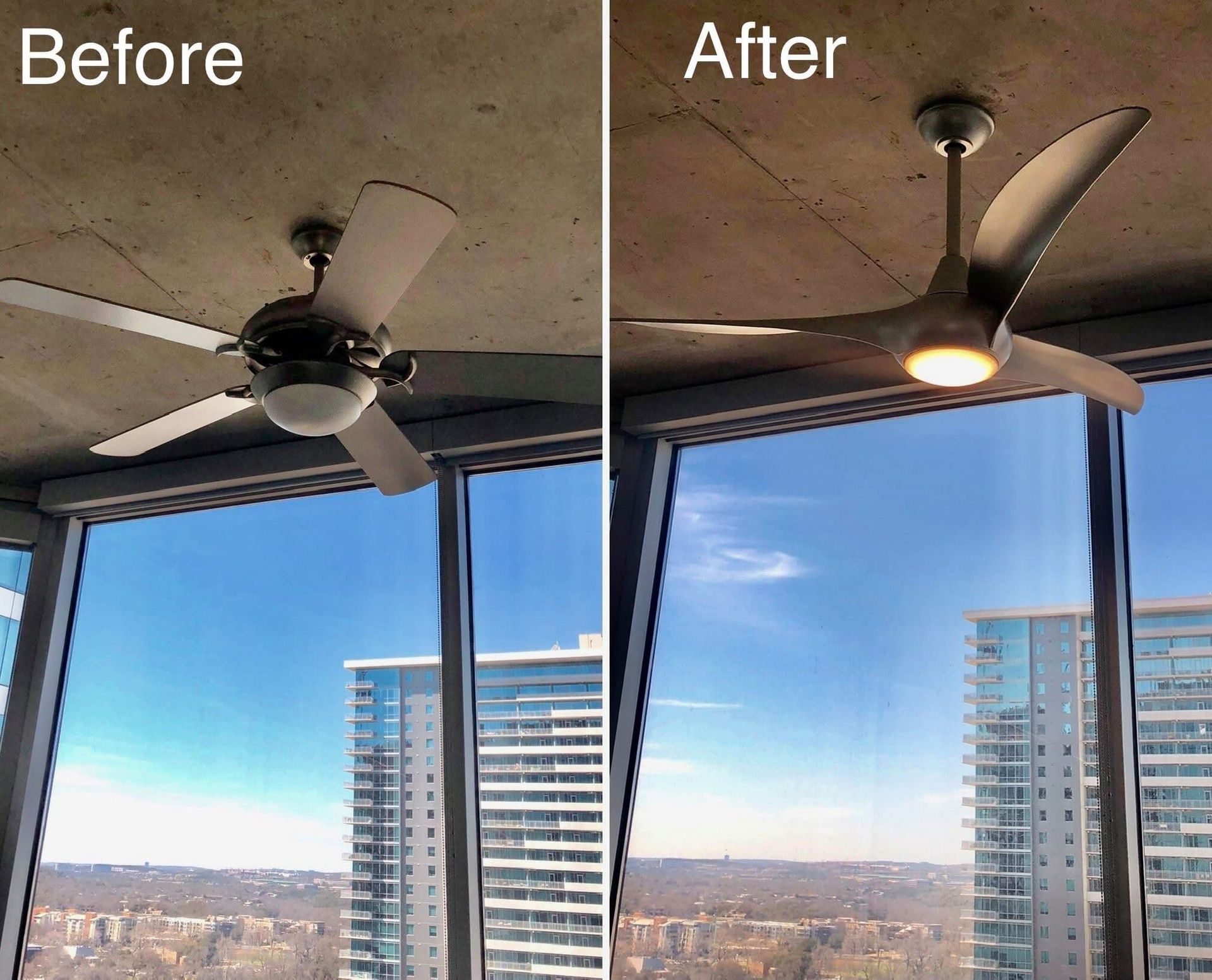 Ceiling fan before and after, above a city view. The fan has a light and sleek blades.