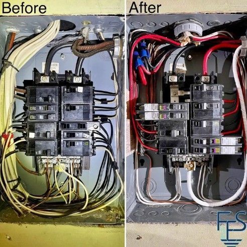 Electrical panel: Before and after. Wires are neater, with blue wire connectors.