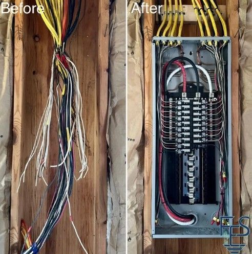 Before and after electrical panel wiring. Left: disorganized wires. Right: neatly organized panel.