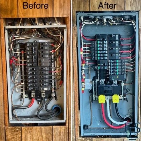 Electrical panel, before and after a wiring upgrade. The "after" panel has neatly organized wiring.