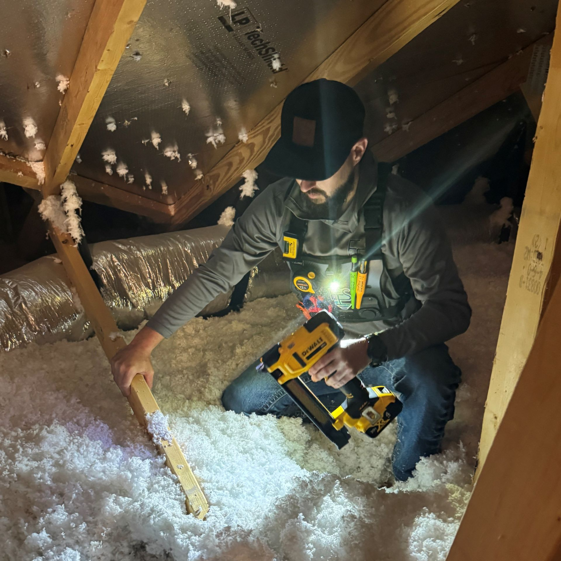 Man in attic, using a nail gun and wearing a headlamp. Surrounded by insulation.