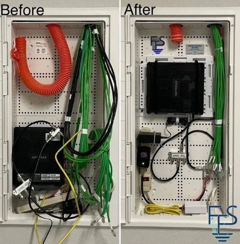 Side-by-side comparison of a network equipment box before and after organization, showing cable management improvement.
