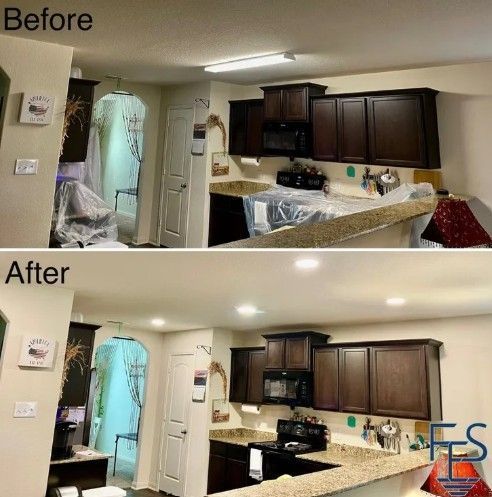 Kitchen remodel: Before and after, showing new recessed lighting replacing a fluorescent fixture. Brown cabinets, tan countertops.