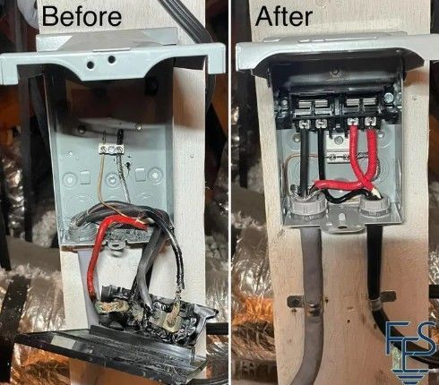 Before and after photos of an electrical box. Wires replaced in the open box, mounted on a wall.