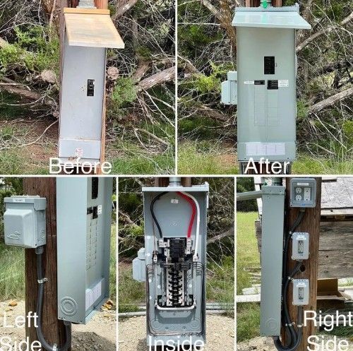Electrical service box before and after upgrade on a utility pole. Grey metal box with new wiring and exterior components.