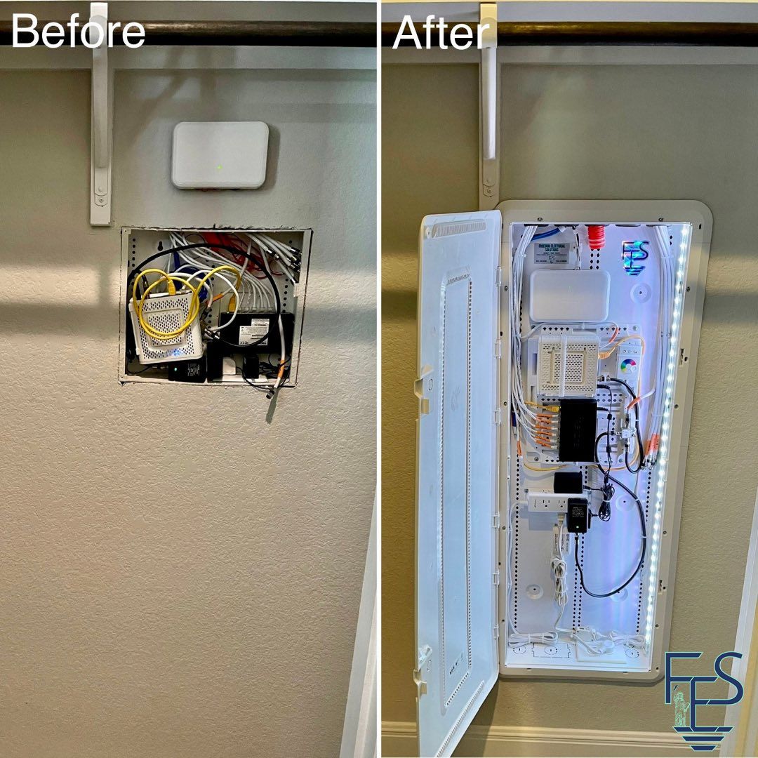 Before and after photos: open electrical panel with wires. The 