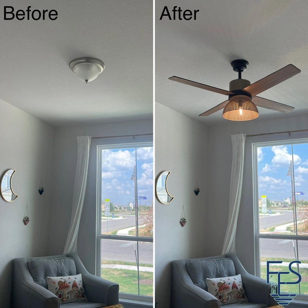 Comparison of a room's before and after: a ceiling light is replaced with a ceiling fan.