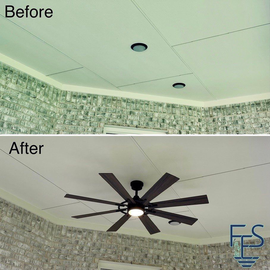 Before and after of a ceiling transformation. Old ceiling has two recessed lights. New ceiling has a ceiling fan and a single light.