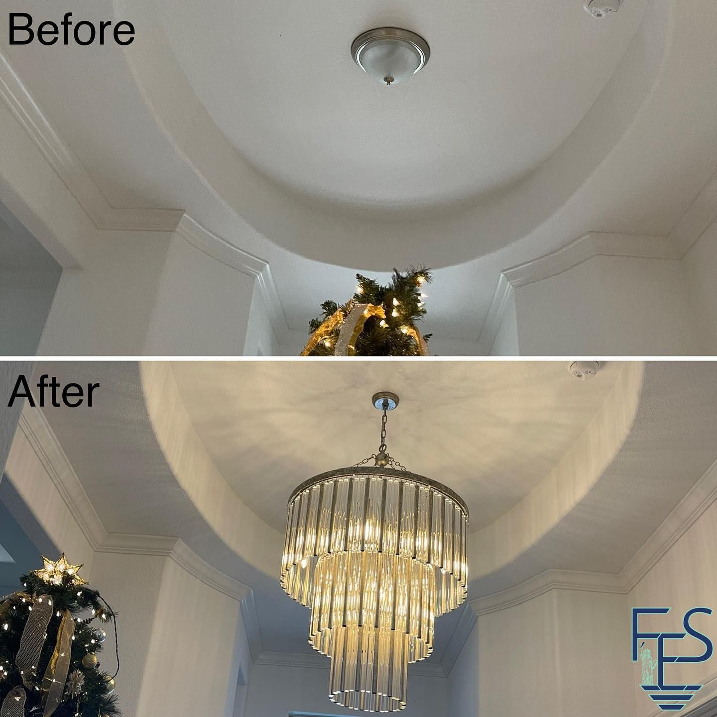 Ceiling light fixture replaced with a tiered crystal chandelier in a white entry.