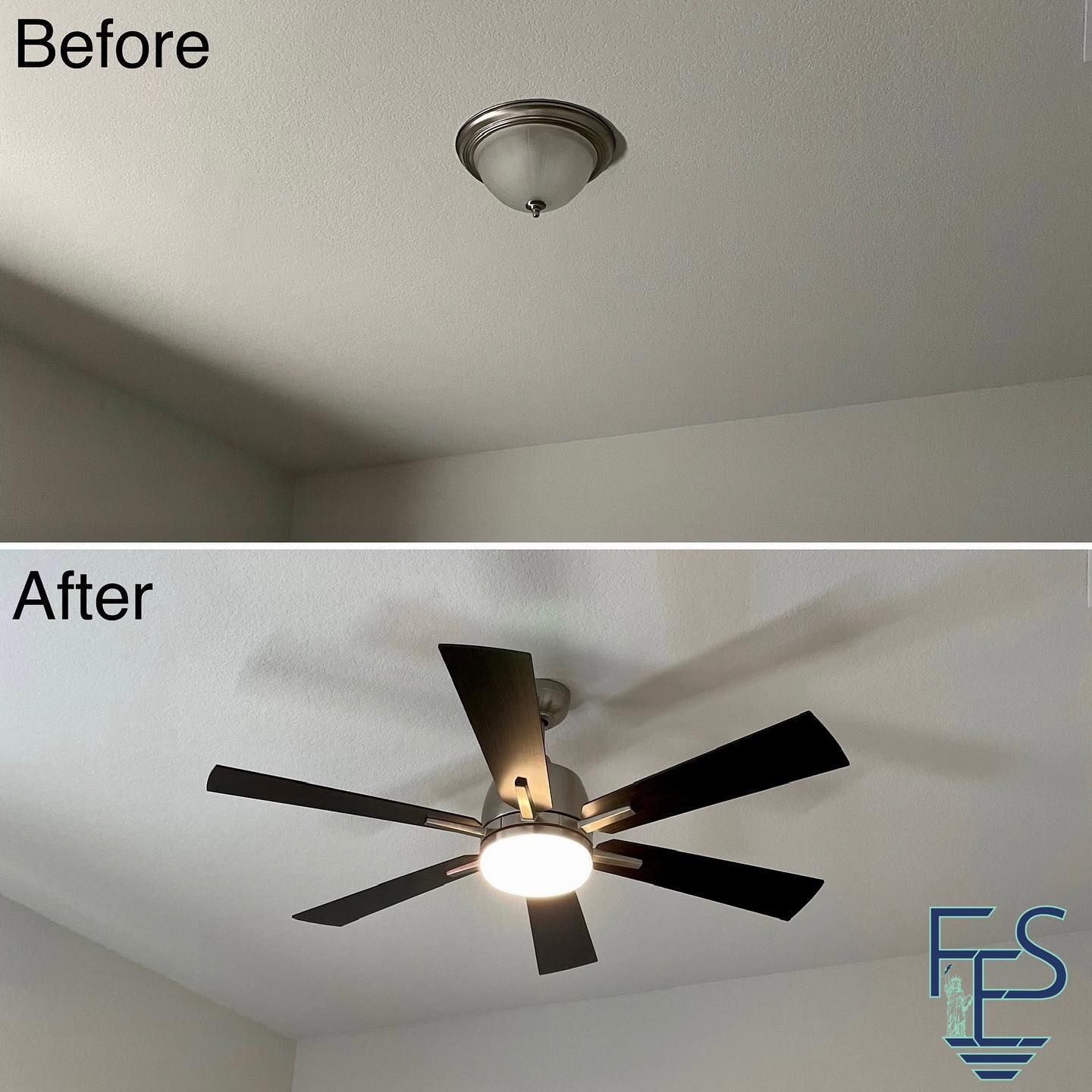 Ceiling light replaced with a ceiling fan. Before: round light fixture. After: black fan with light.
