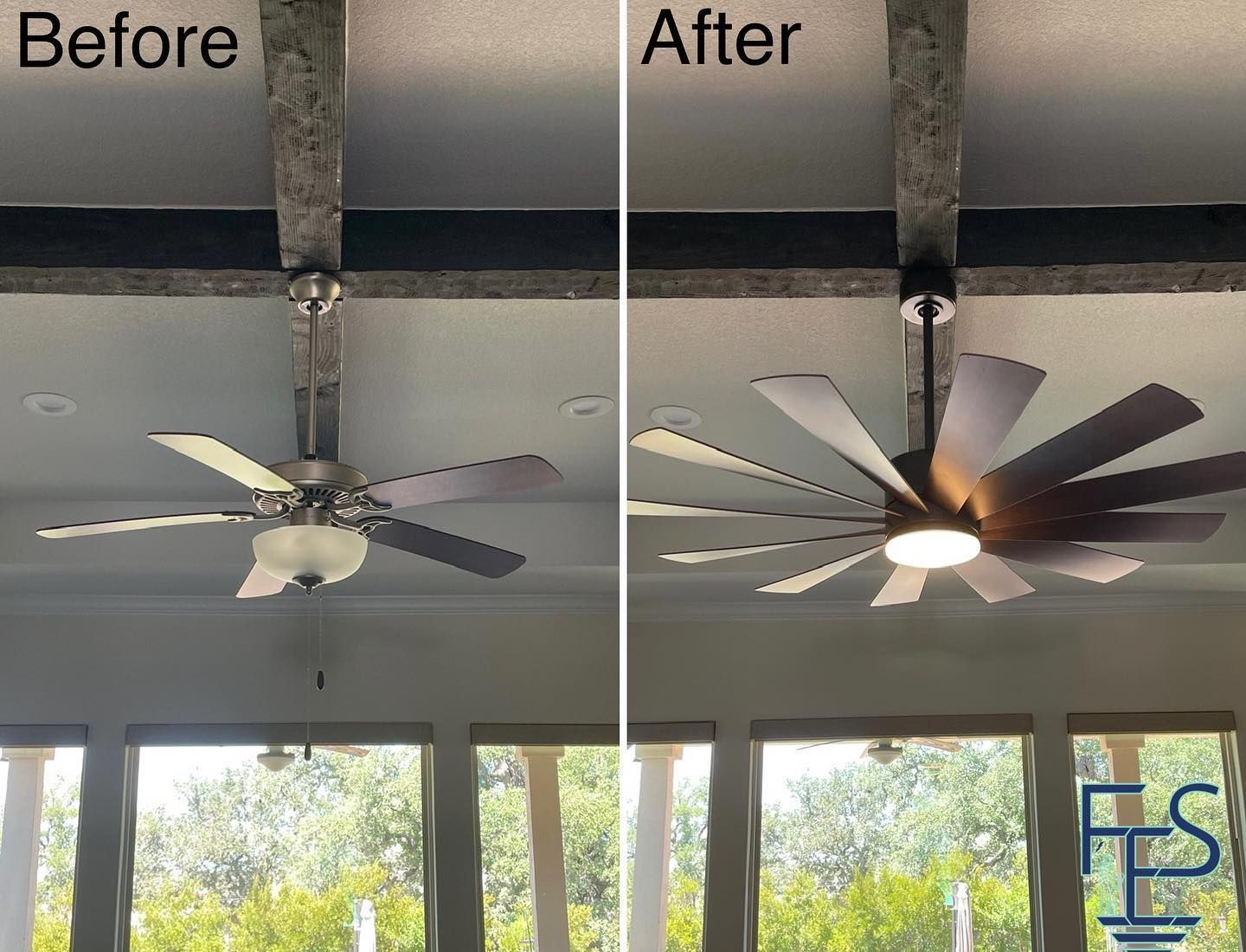 Before-and-after of a ceiling fan replacement. The new fan is dark with modern blades and an integrated light.