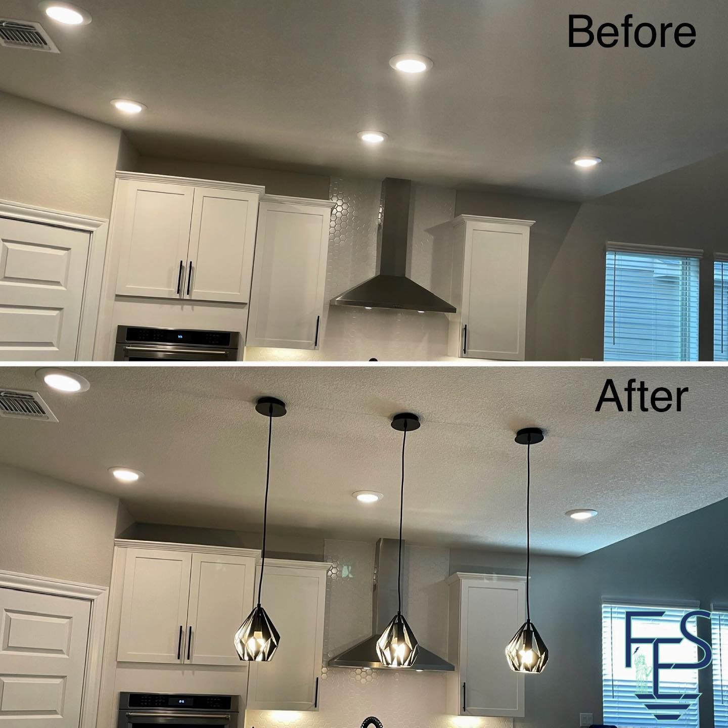 Kitchen before and after. Top: recessed lights. Bottom: pendant lights added. White cabinets, stainless steel range hood.