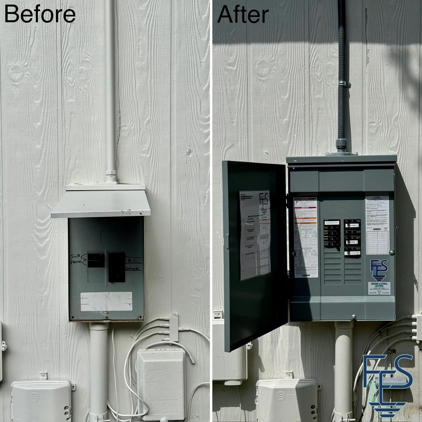 Side-by-side comparison of an electrical panel before and after an upgrade. The new panel is open, revealing circuit breakers.