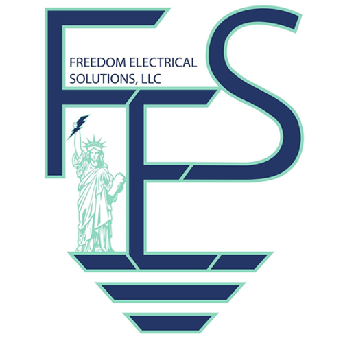 Logo for Freedom Electrical Solutions, LLC: FES initials in blue with Statue of Liberty and lightbulb outline.