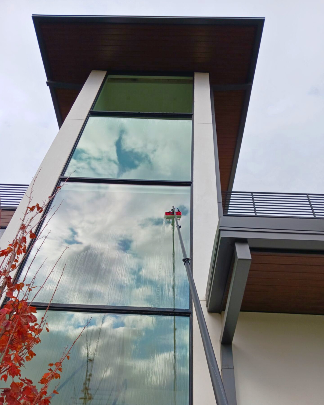 A person is cleaning the windows of a tall building