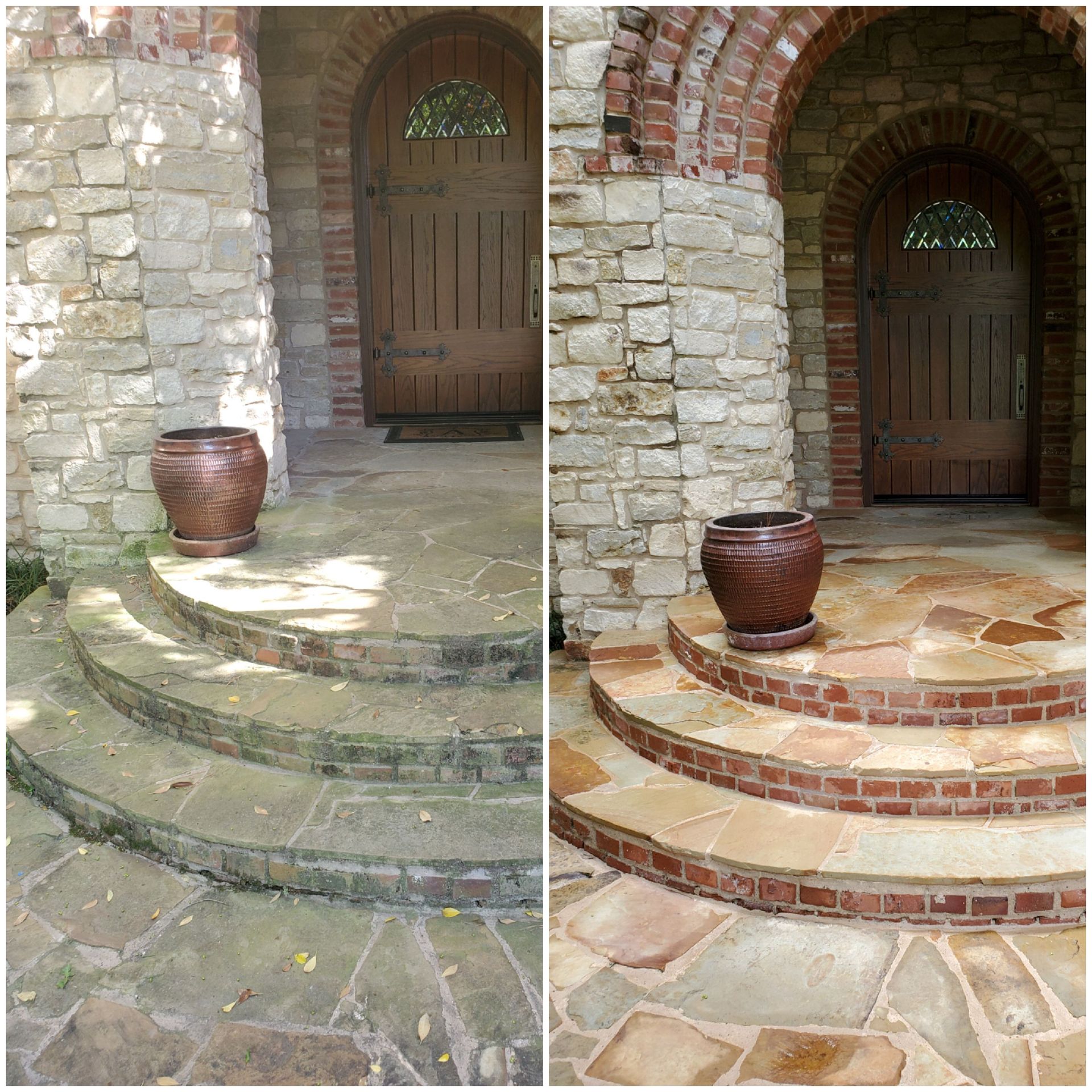 A before and after picture of a stone porch with steps.