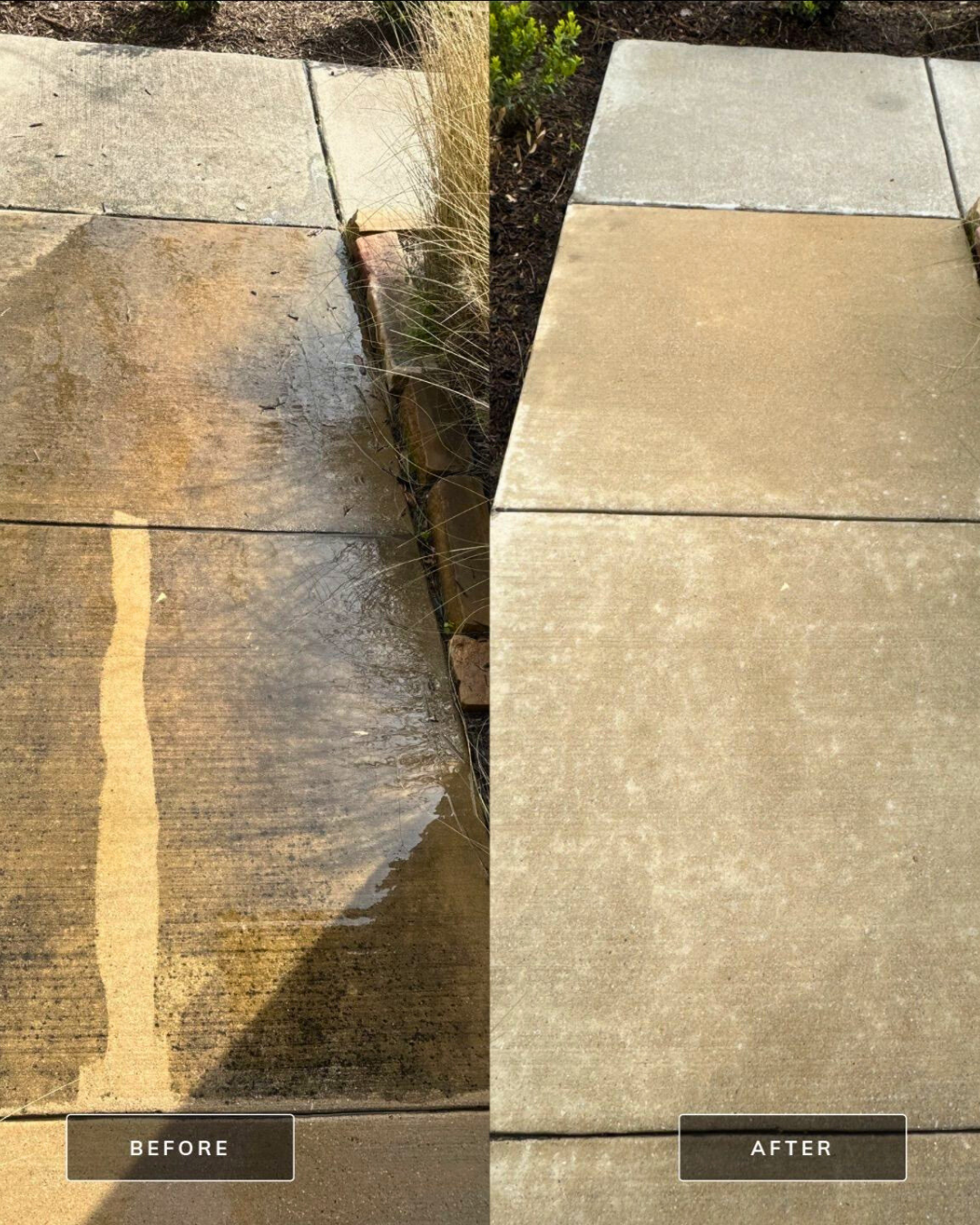 A before and after photo of a concrete sidewalk.