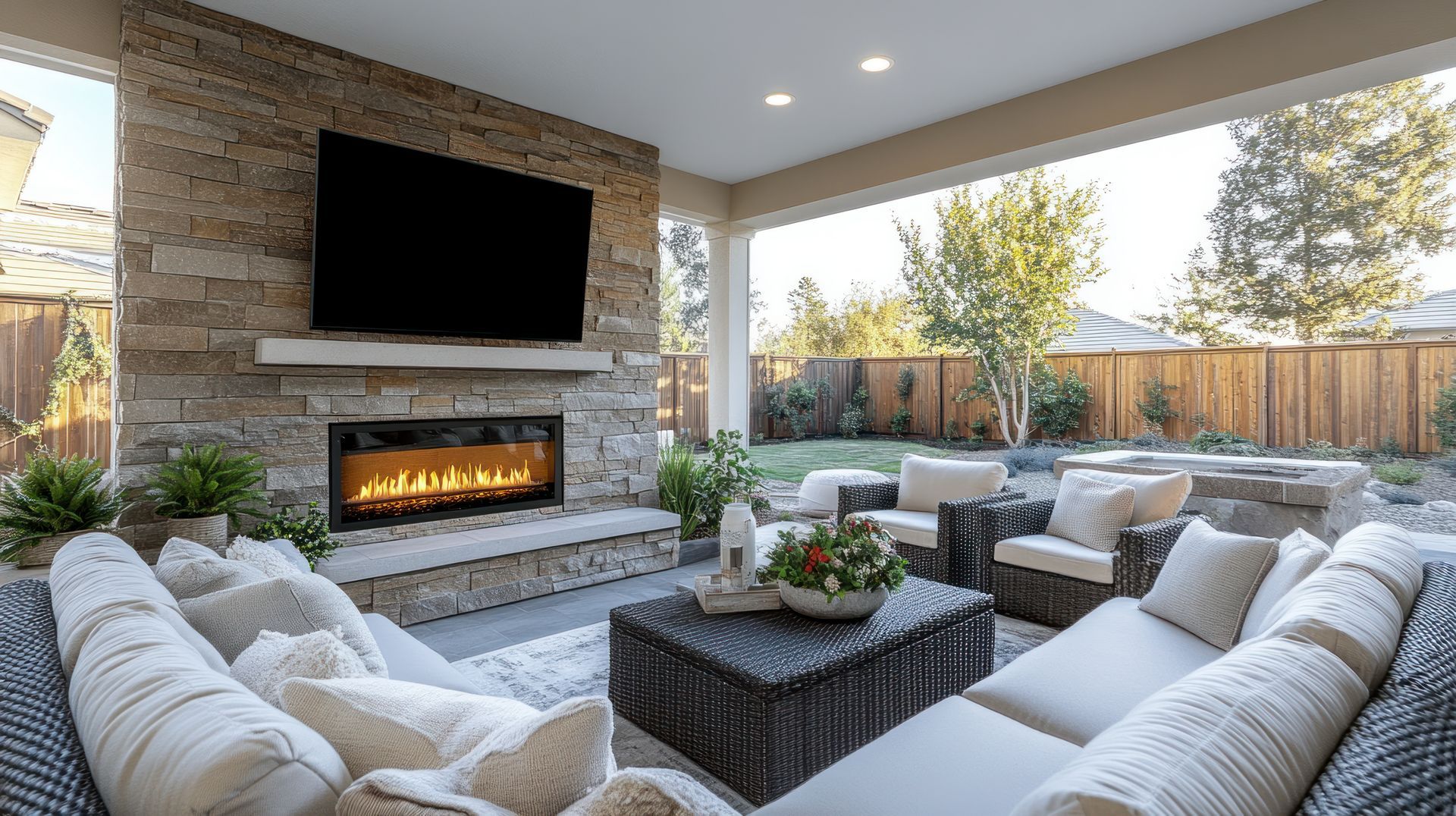 Outdoor living space with stone fireplace, TV, and sectional sofa under a covered patio.