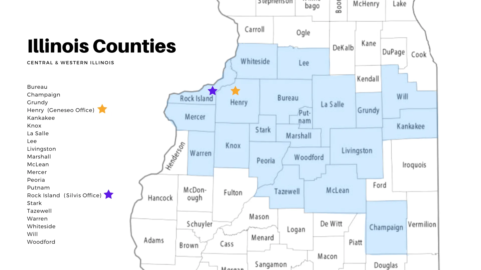 Map of Illinois counties, with selected counties highlighted in blue, and stars indicating locations.