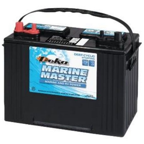 Black Deka Marine Master battery with handle and red/black terminals, blue label.