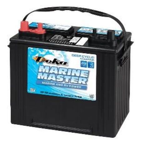 Black marine battery with blue label, carrying handle, and red terminals.