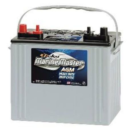 Marine battery with handle, label reads