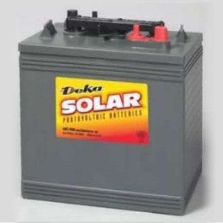 Gray Doko Solar battery with black terminals and red and black caps.