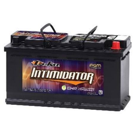 Black Deka Intimidator car battery with a black handle and a red terminal cap. The label shows