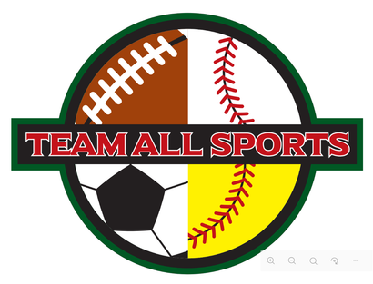 Red “TEAM ALL SPORTS” text on a dark green background