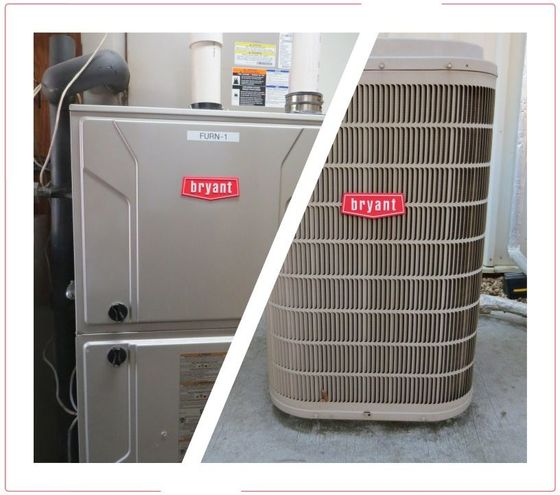 Two Bryant HVAC units shown side by side, a gray furnace cabinet and outdoor condenser.