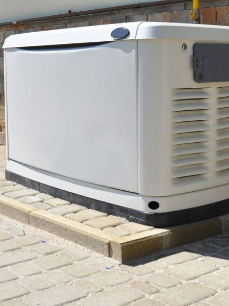White generator unit on a brick pavement beside a wall with ventilation grilles