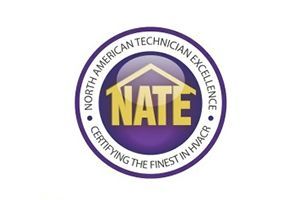 NATE certification logo in purple and yellow circular seal with North American Technician Excellence text