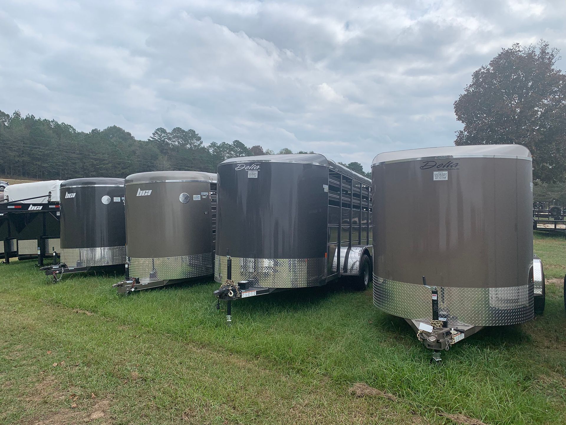 A row of trailers are parked in a grassy field.