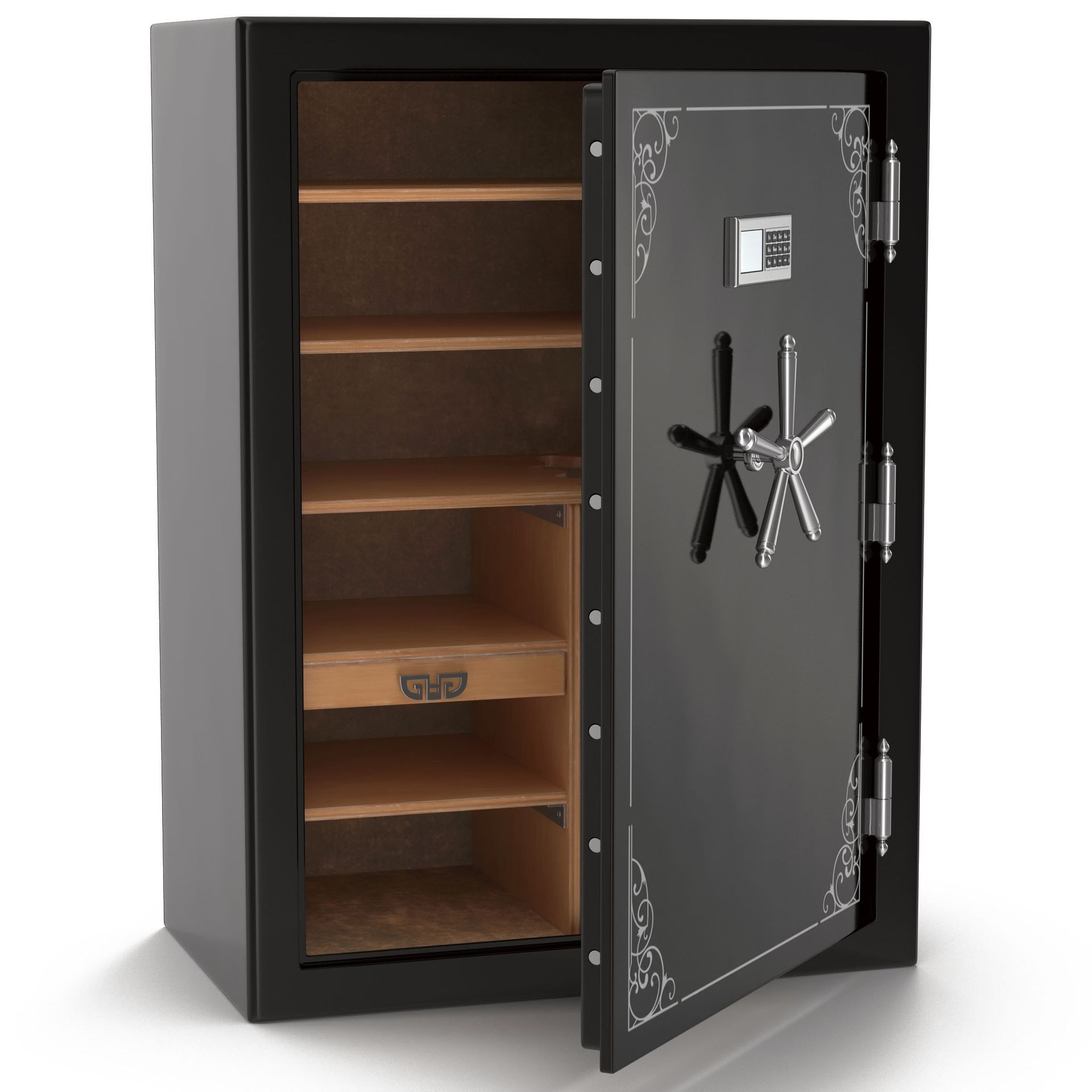 Open black safe with shelves and a combination lock on a gray door.