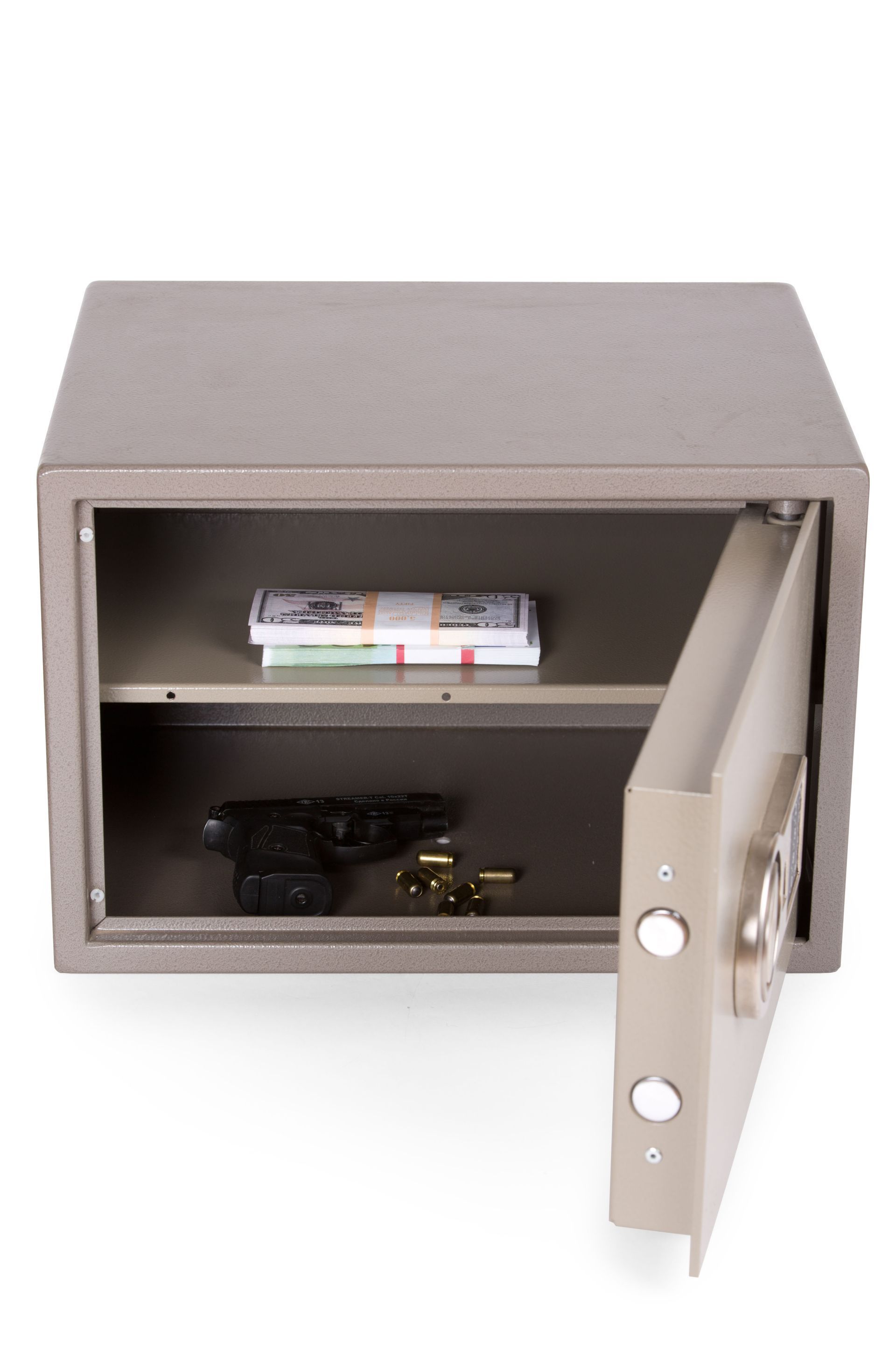 Open safe with money, a handgun, and keys inside.