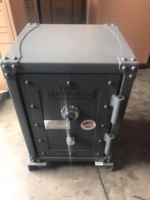 Dark gray Rhino Ironworks safe on concrete floor.