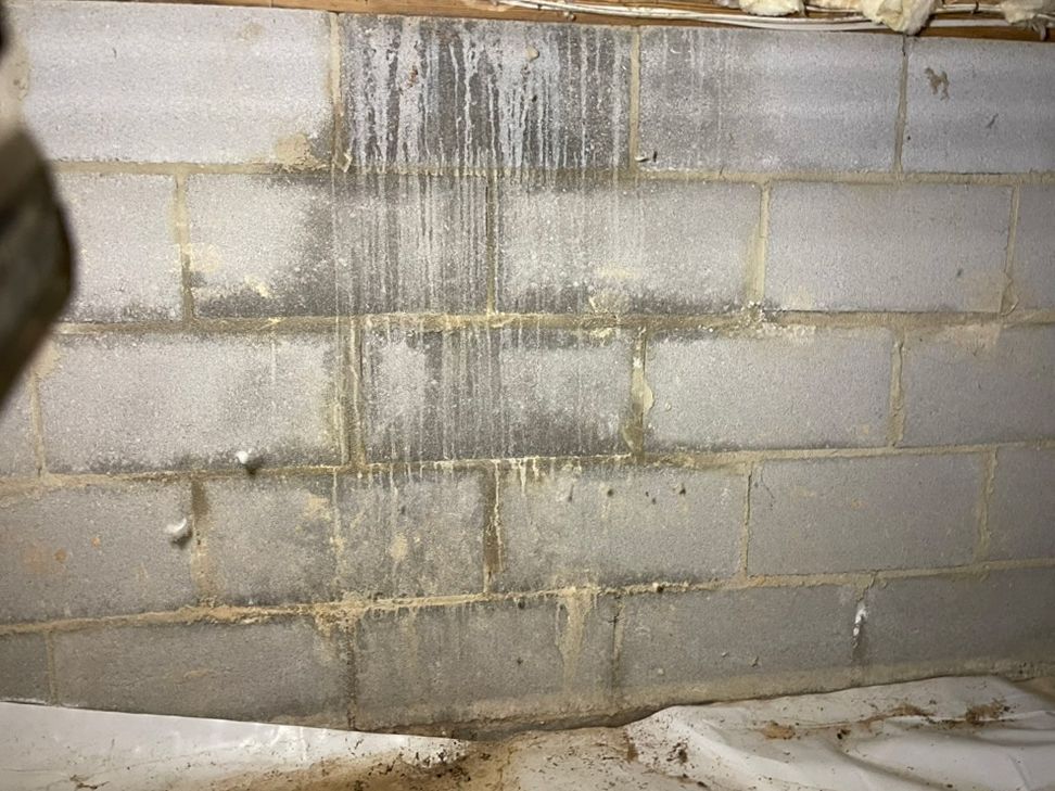Concrete block wall with dark stains and water damage.