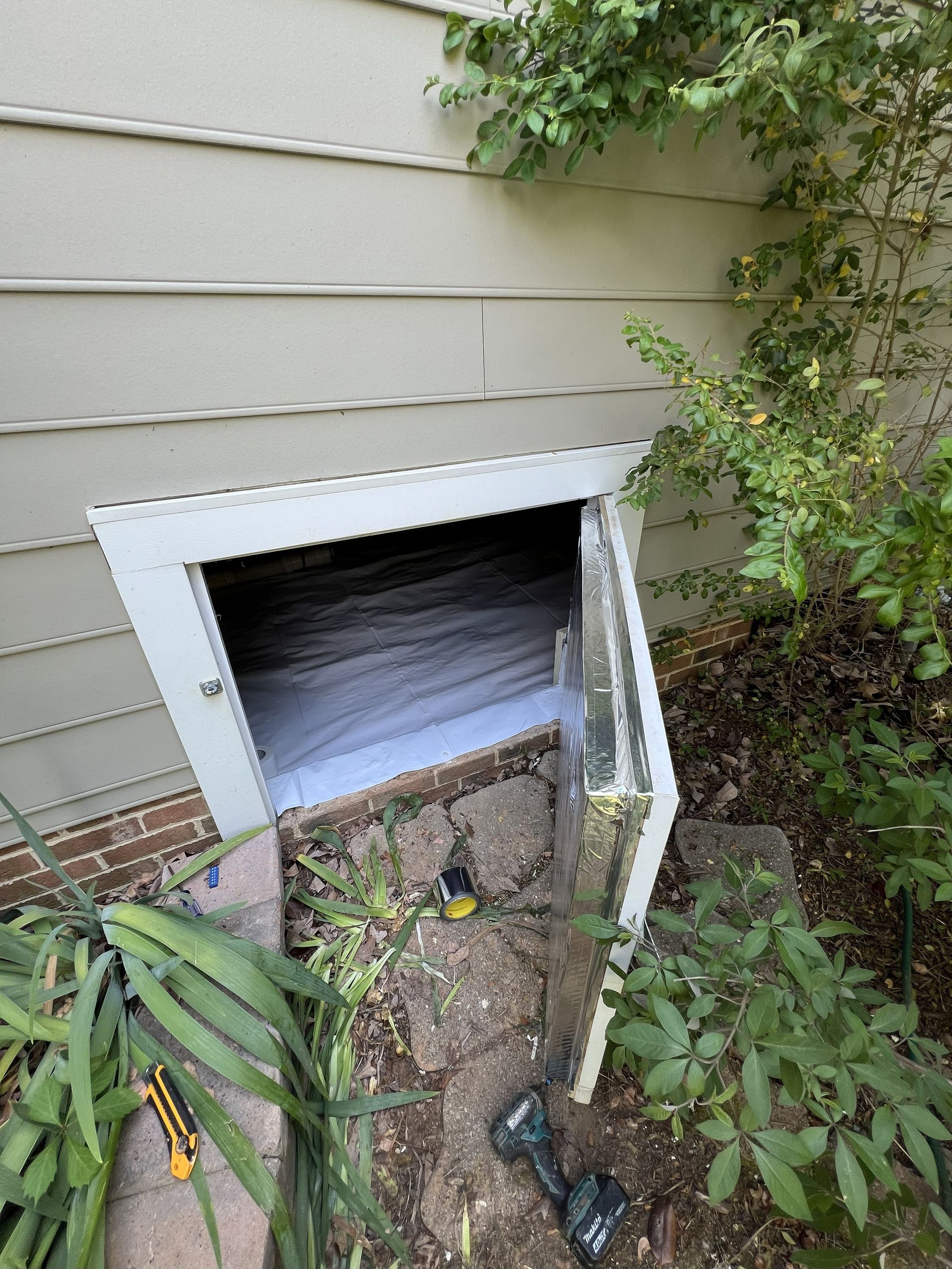 Exterior basement entry with an open door, surrounded by landscaping and beige siding.