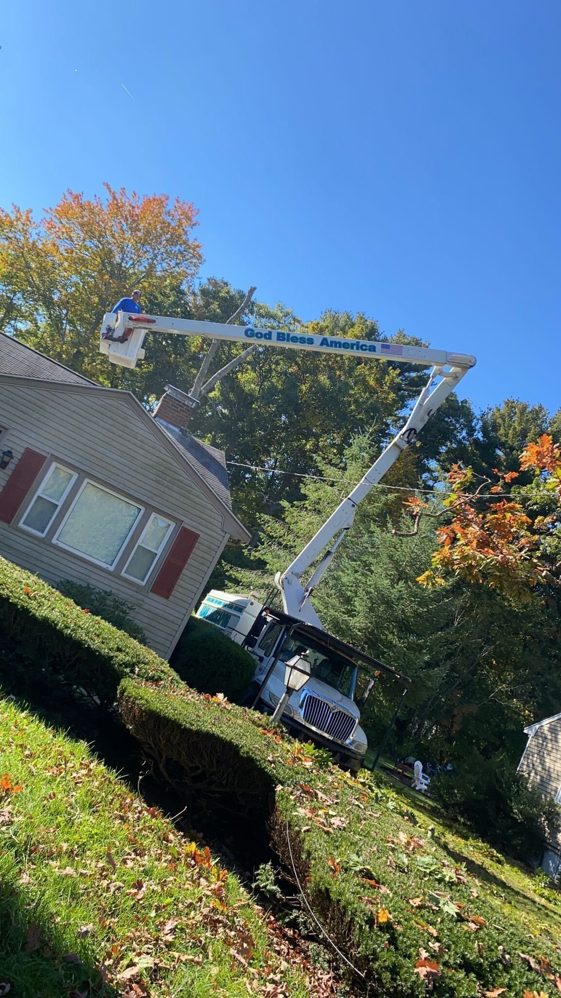 Steep driveway with a white basketball hoop, house, parked car, and autumn trees under a blue sky