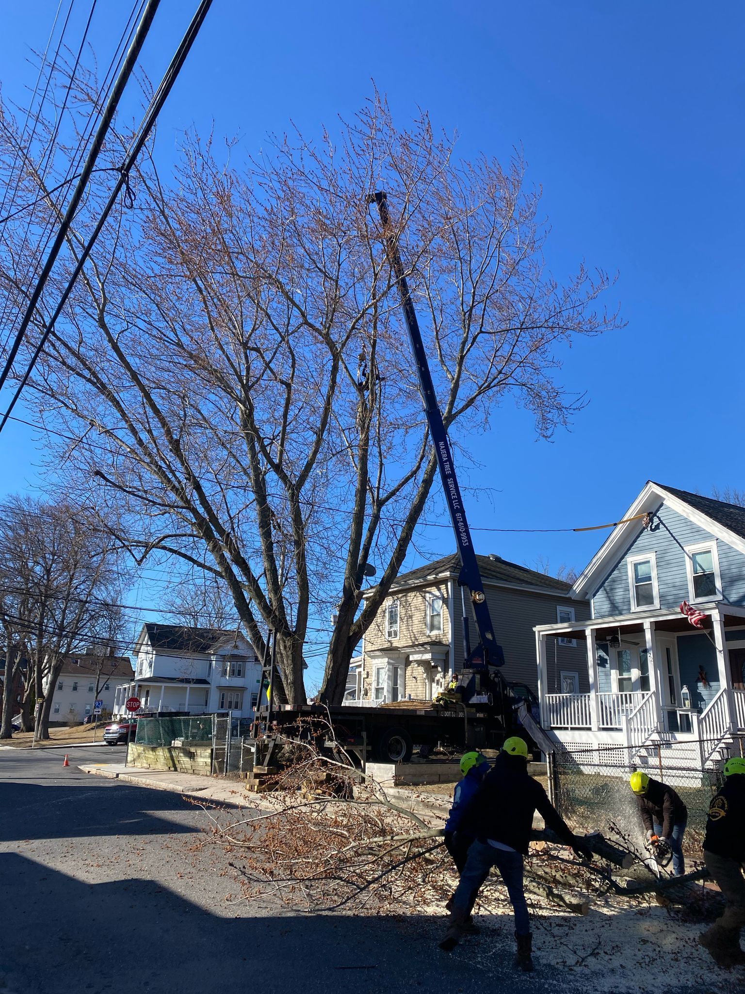 Workers clearing debris on a residential street with houses and a large tree under a blue sky.