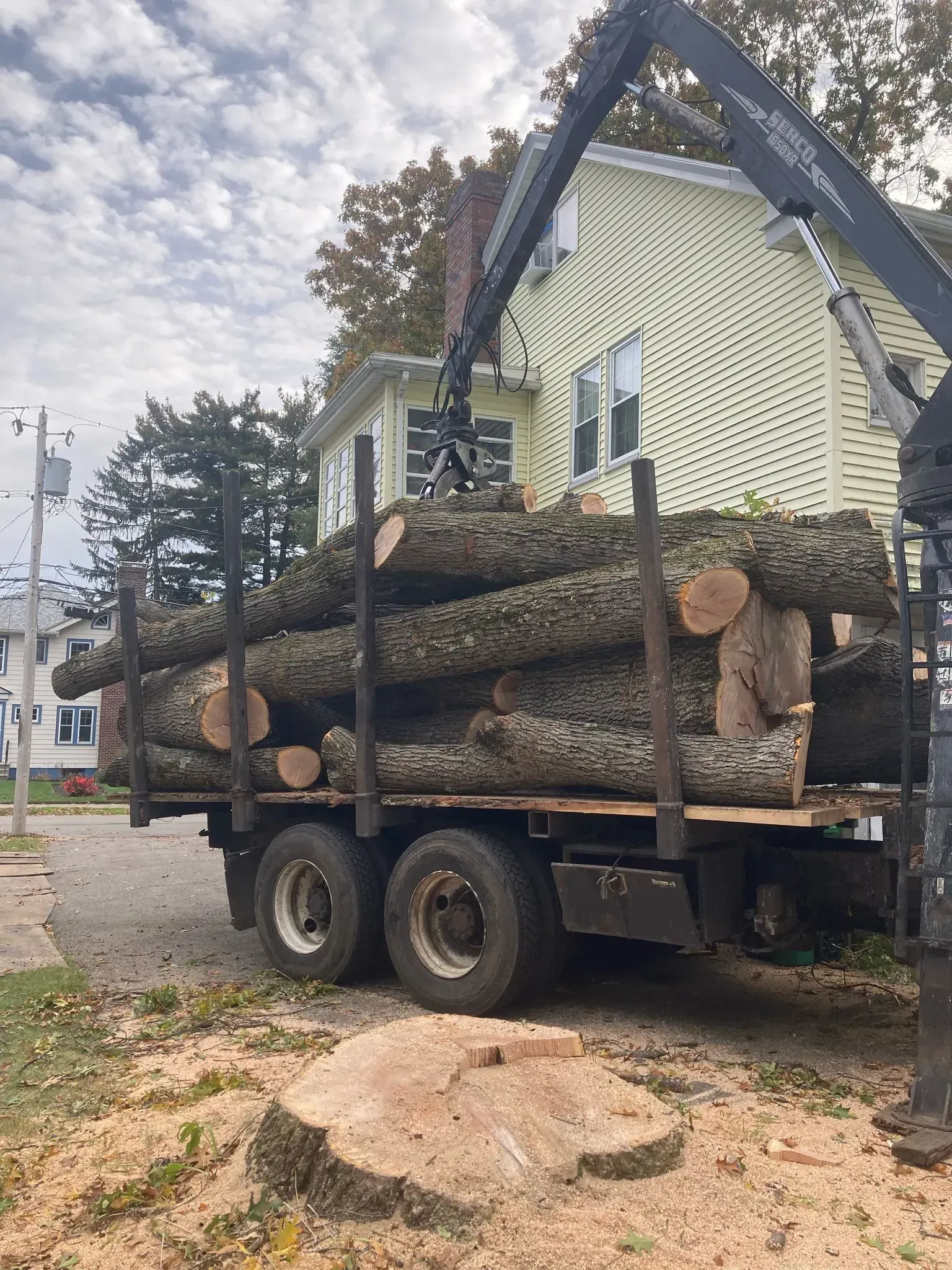 Flatbed trailer loaded with large cut logs parked beside a house under cloudy skies