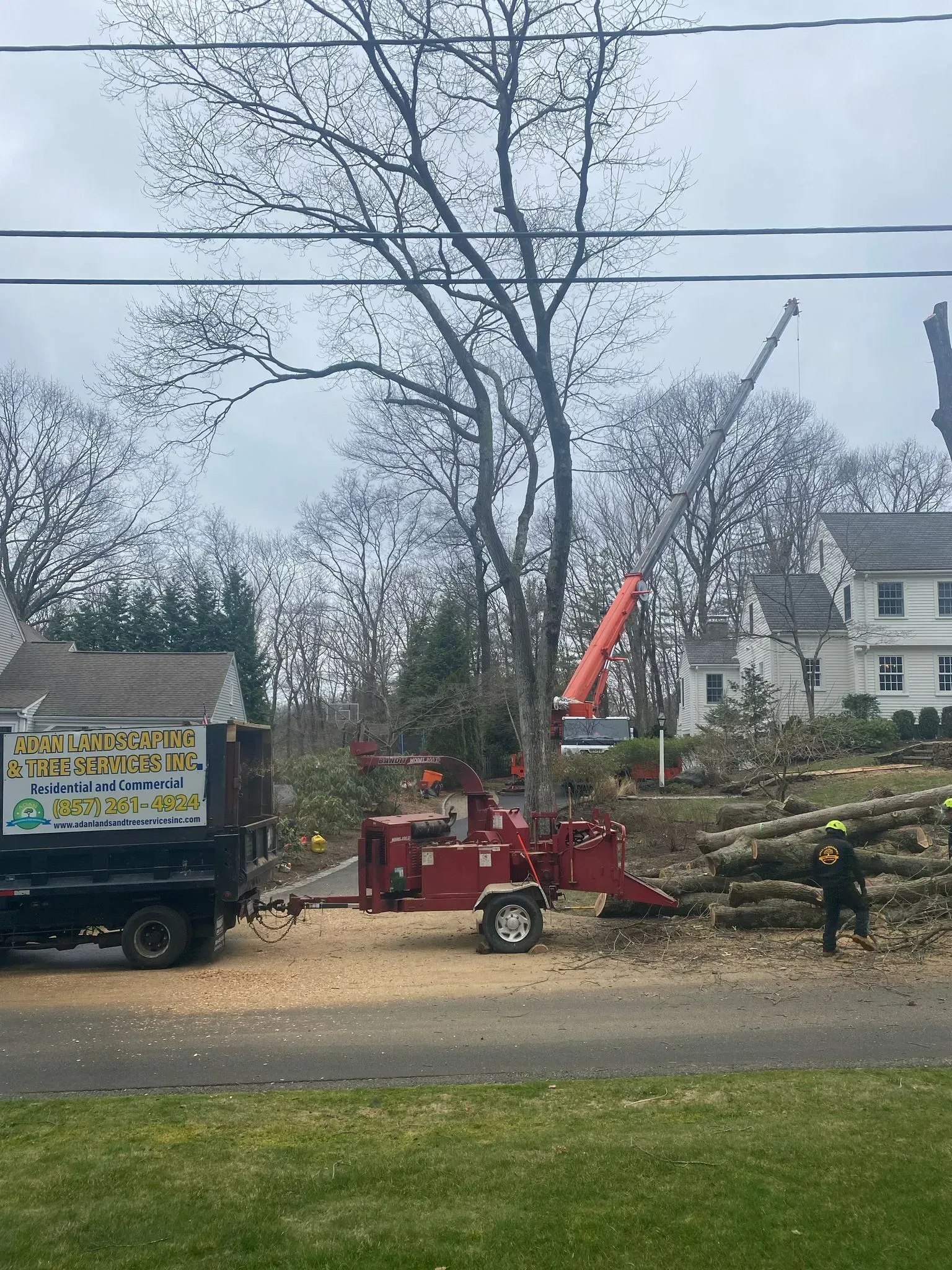 Red wood chipper and dump truck on a roadside with workers clearing branches near houses
