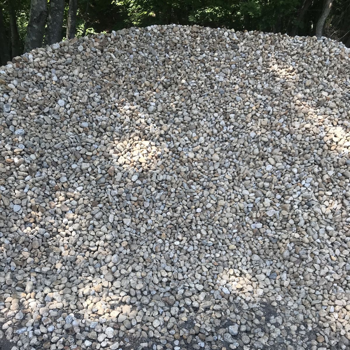 A pile of gravel is sitting in the shade of trees
