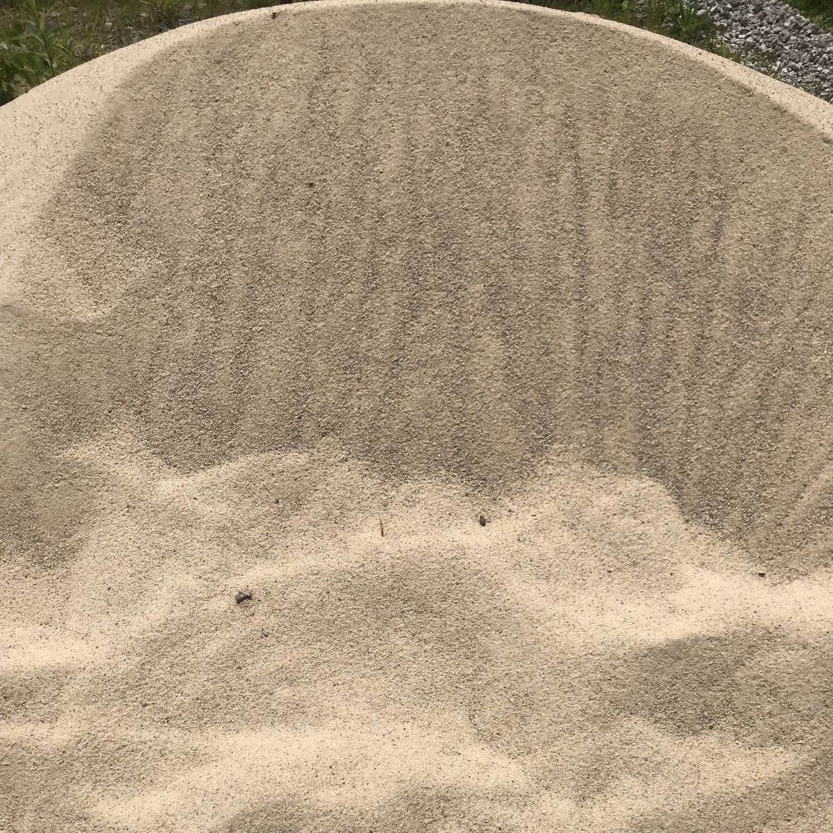 A pile of sand is sitting on top of a grass covered field.