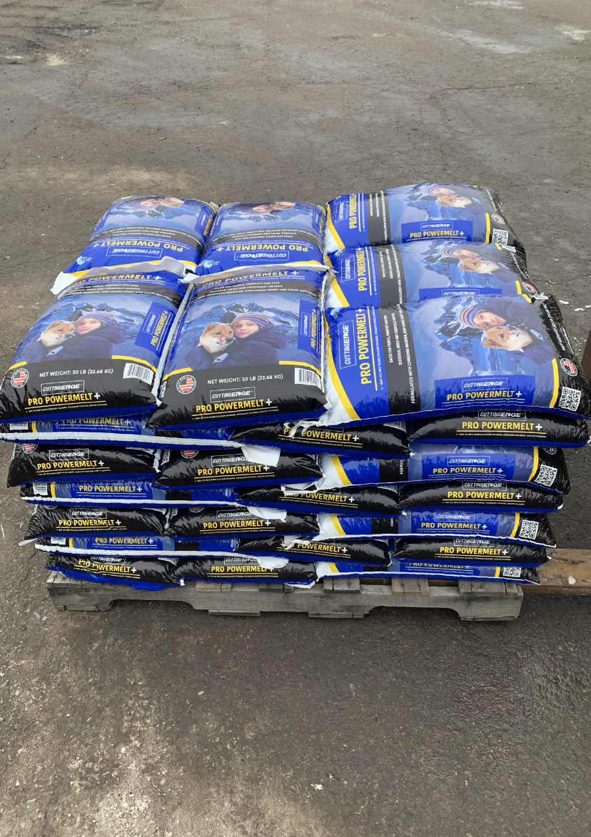 A pallet of bags of dog food is stacked on top of each other.