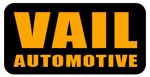 Logo for Vail Automotive, orange text on black background.