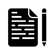 Black document with lines of text and a pencil, signifying writing.