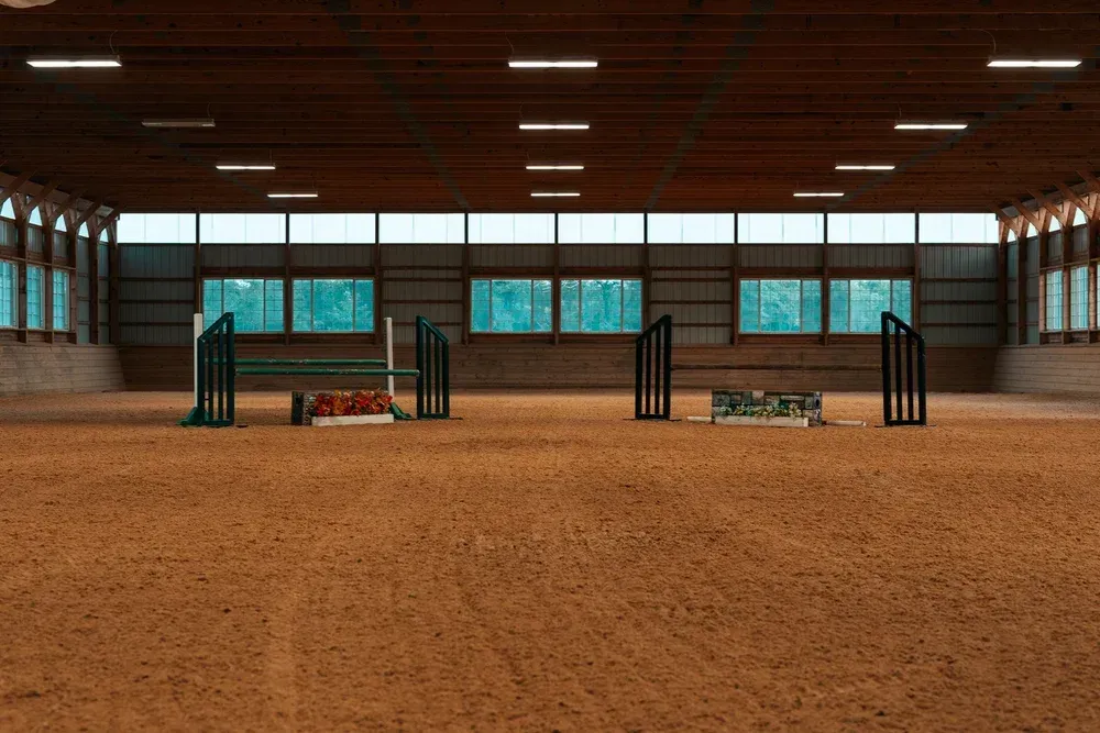 Indoor equestrian arena with jumps, dirt floor, and windows.